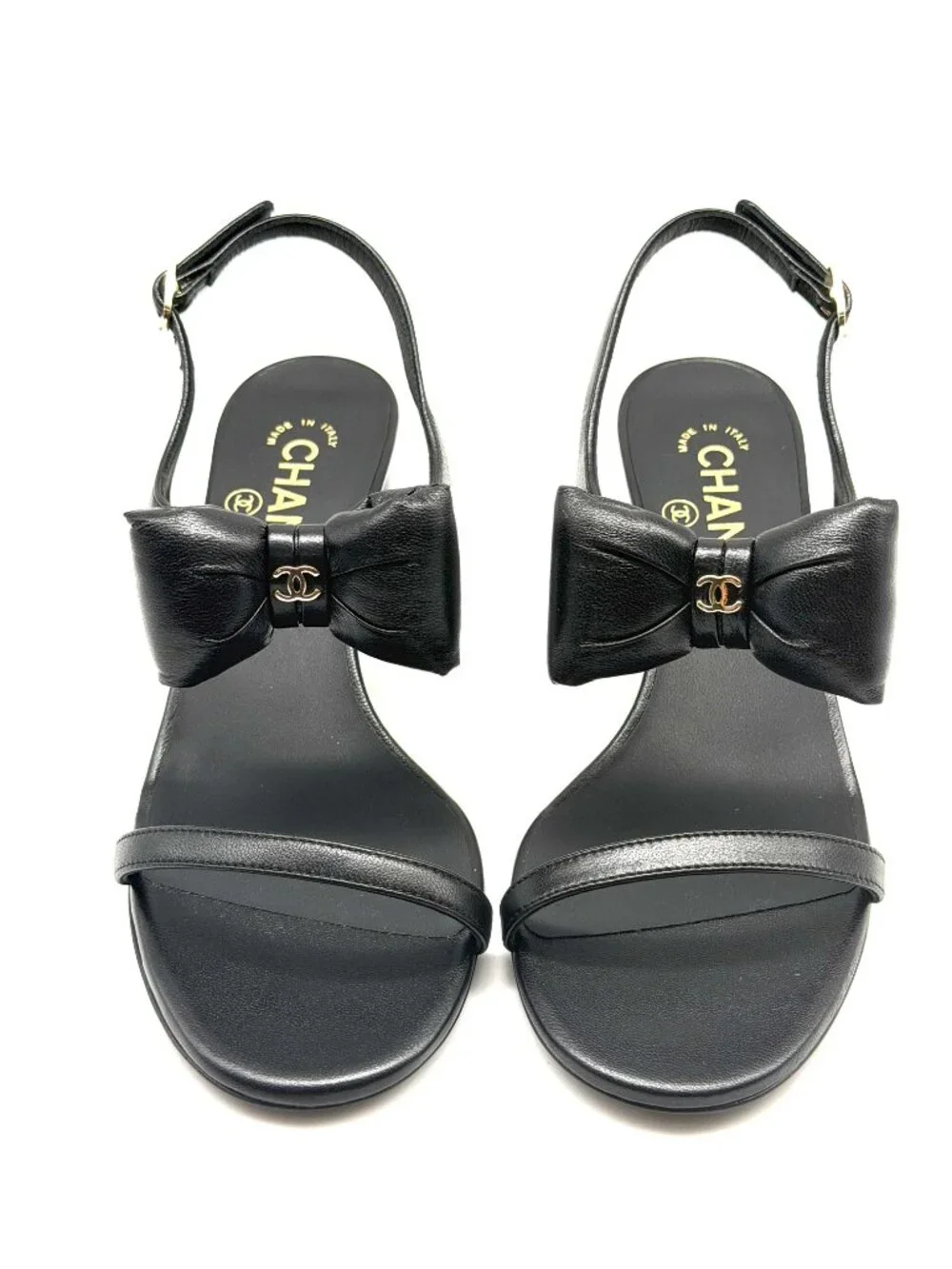 CHANEL 25P Lambskin Leather CC Bow Ankle Strap Sandals Block Heels Shoes - Picture 8 of 16